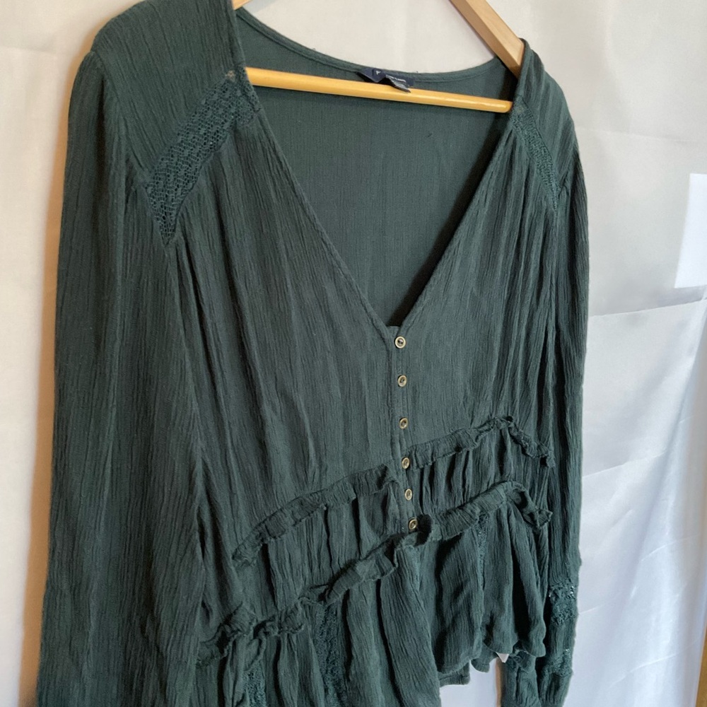 American Eagle Smocked V-neck Button Front Top Forest Green Boho XL - Picture 2 of 7